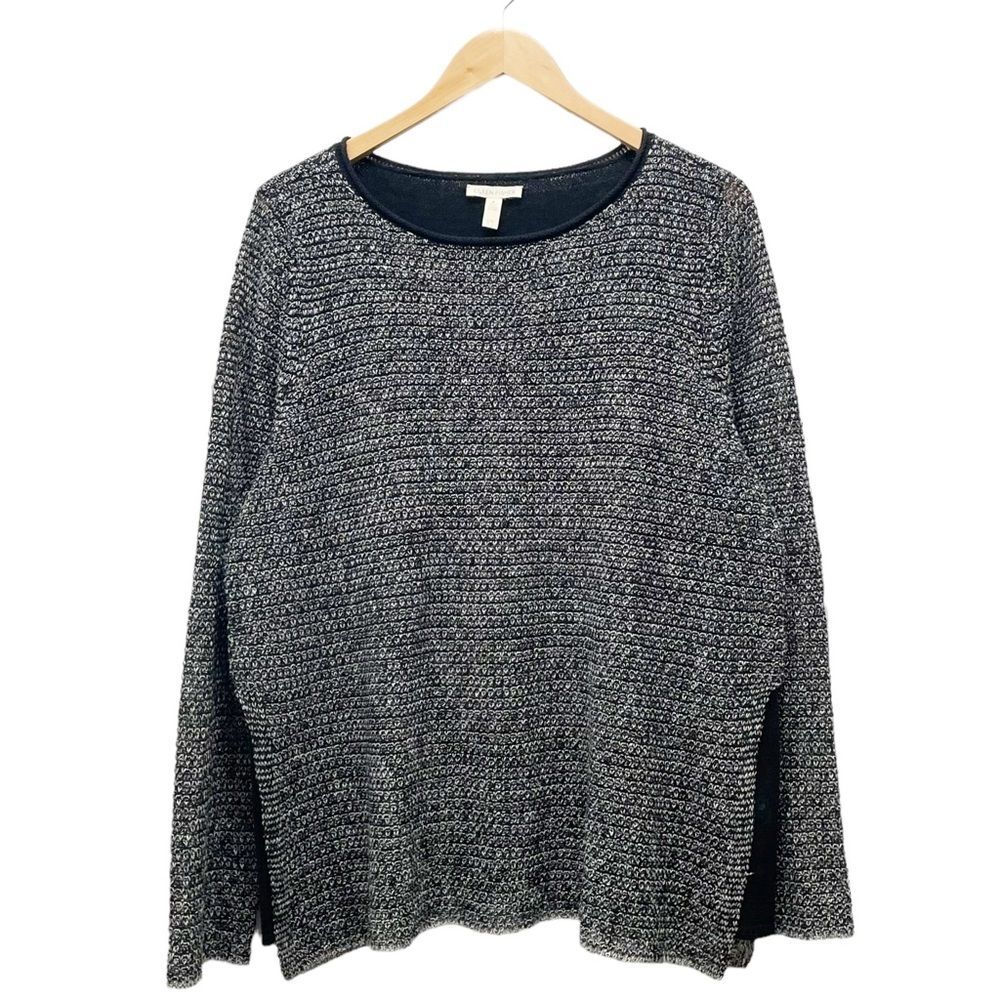 Eileen Fisher Sweater Black Knit Crochet Overlay Organic Linen Cotton Size Large